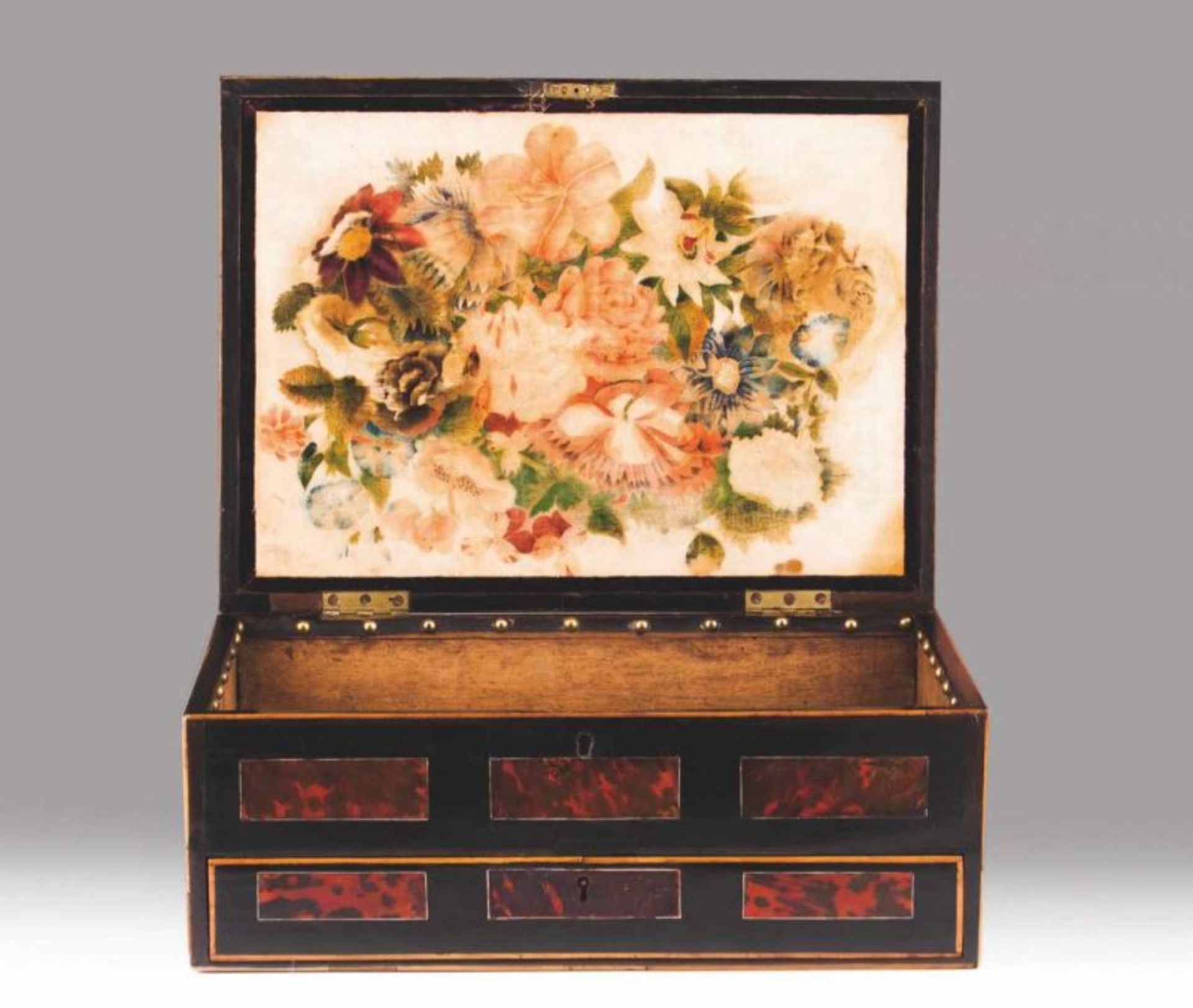 A 19th century Mannerist travel cabinet Ebonized wood decorated with tortoiseshell plaques and - Image 2 of 2