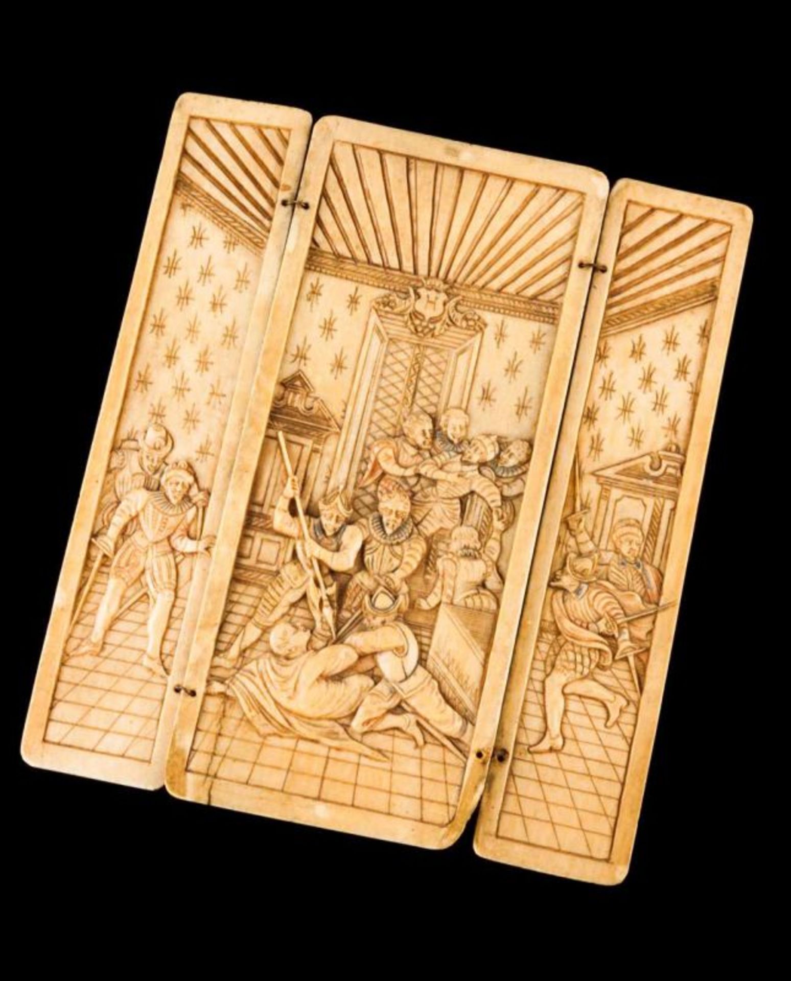 An ivory triptych Engraved and relief decoration depicting the The Assassination of the Duke of