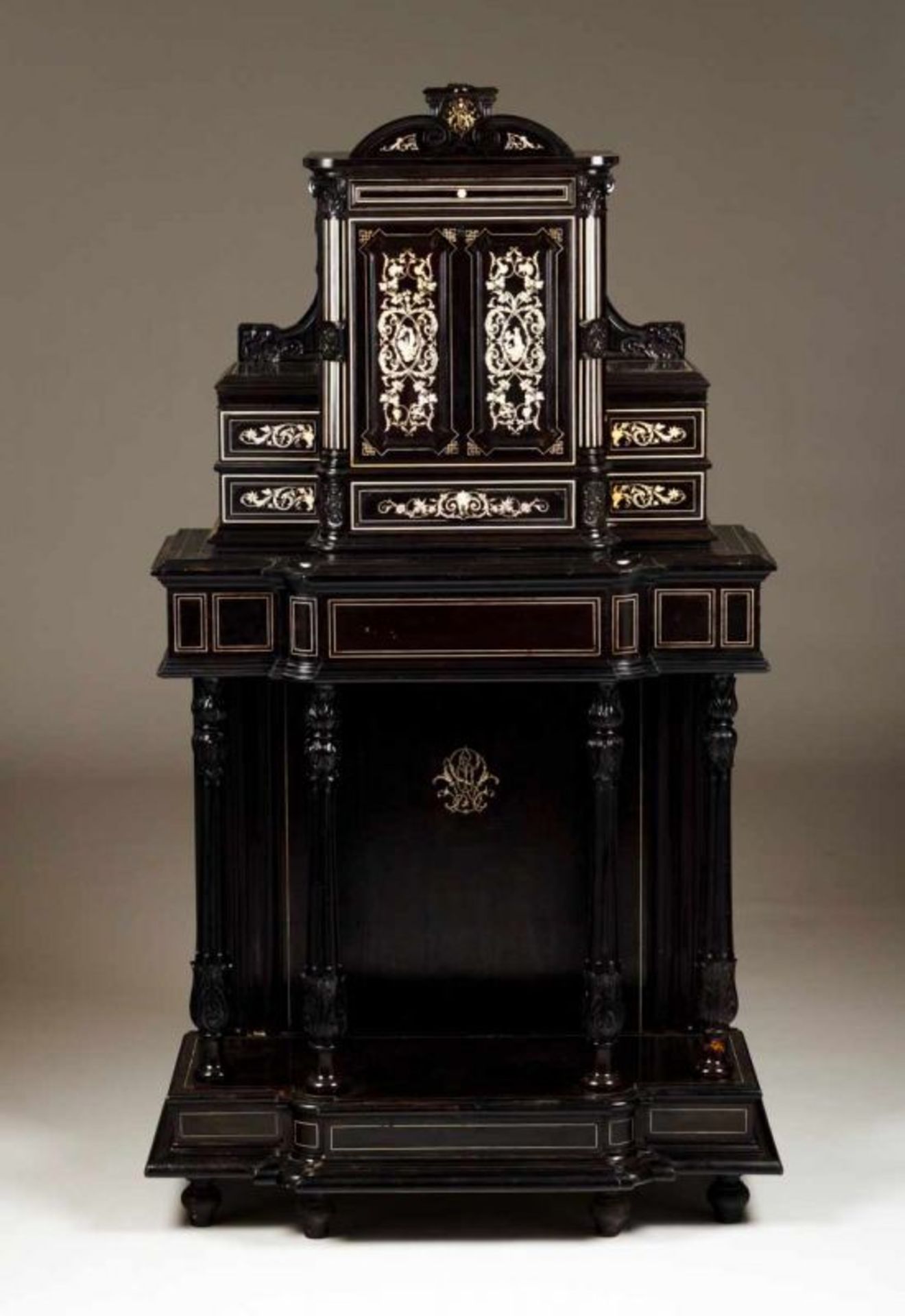 A cabinet with stand Ebony veneered wood Ivory and stained ivory inlaid decoration depicting floral