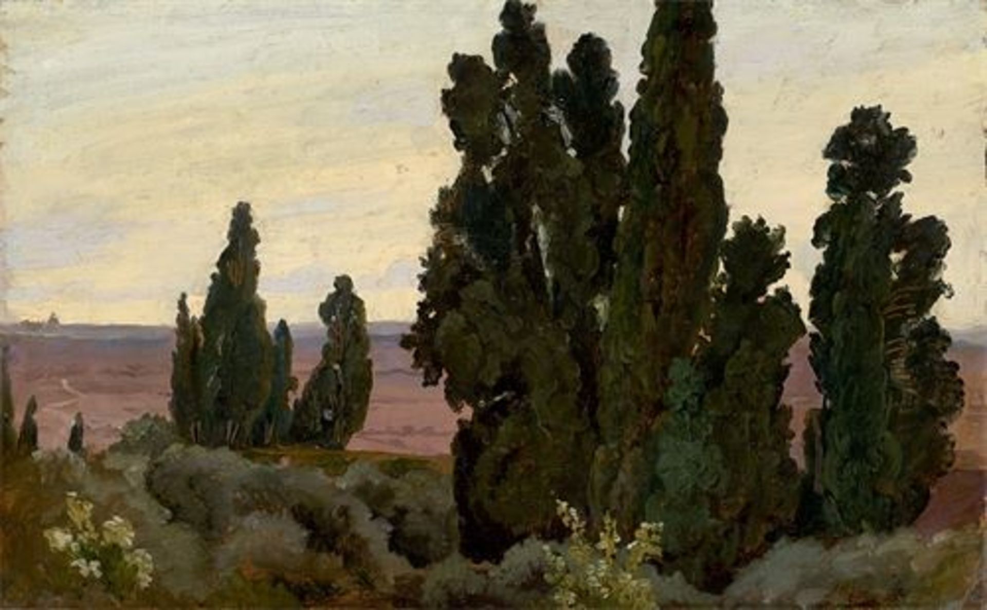 Adolf Henning (1809 – Berlin – 1900) „Villa d´Este, Cypressen No. 1“. 1834 Öl auf Papier auf