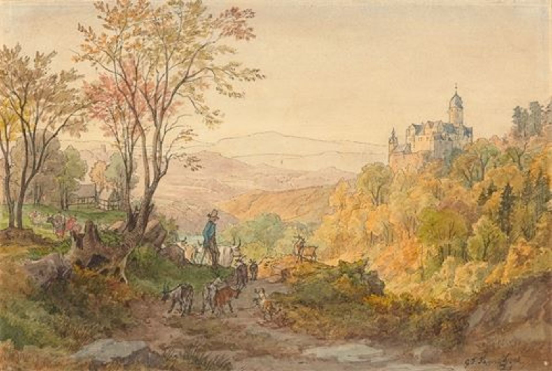 Gustav Friedrich Papperitz (1813 – Dresden – 1861) Blick über ein herbstliches Tal mit einer Burg.