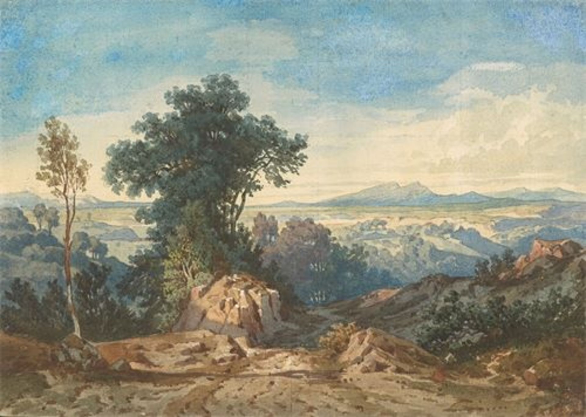 Deutsch, um 1830 () Italienische Landschaft. Aquarell über Bleistift auf leichtem, genarbtem