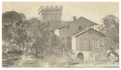 Deutsch, um 1830 () Gebäude am Wasser mit Ruderboot. Pinsel in Grau über Feder in Schwarz auf