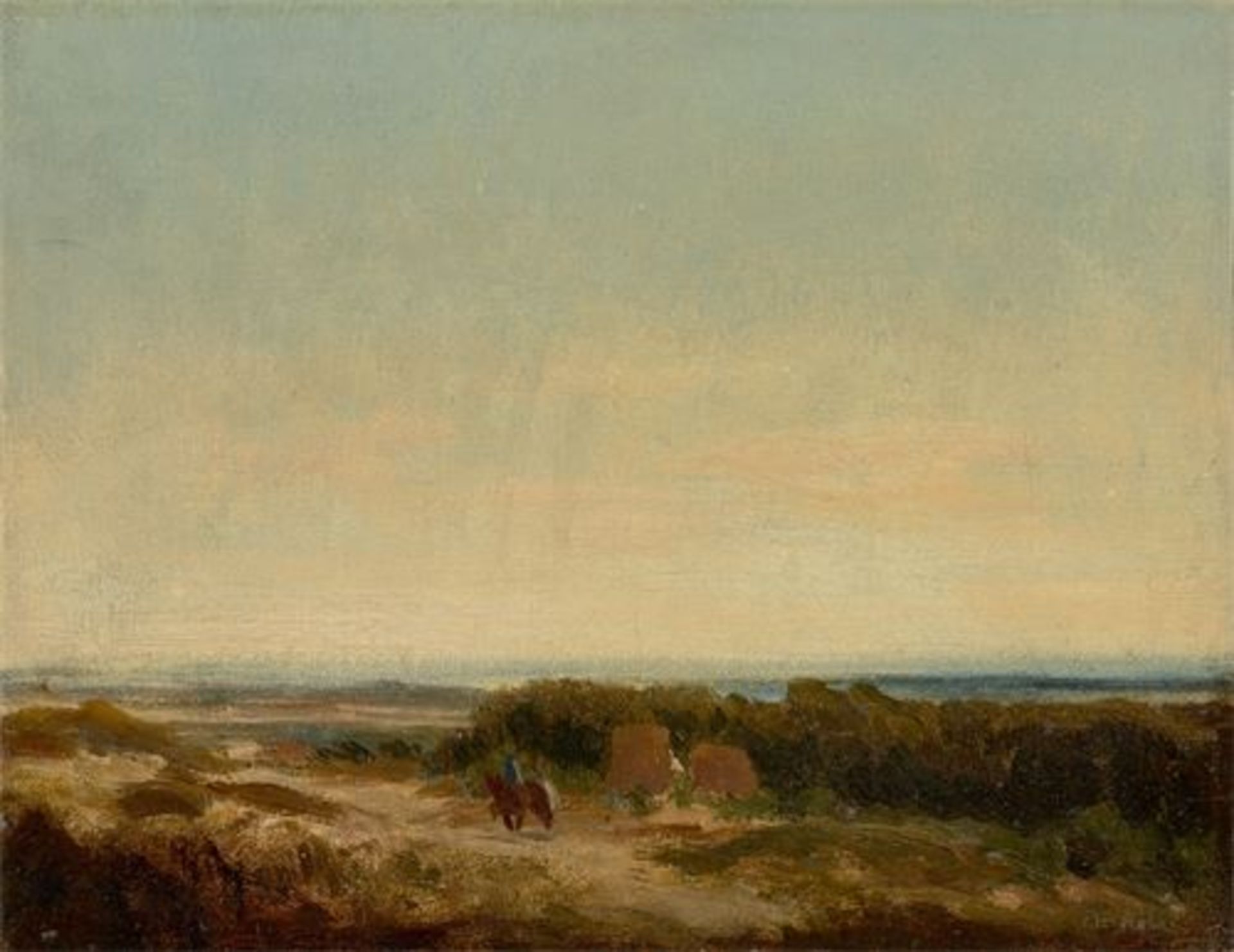 Philipp Röth (Darmstadt 1841 – 1921 München) Landschaft mit Abendhimmel. Öl auf Leinwand auf Holz.