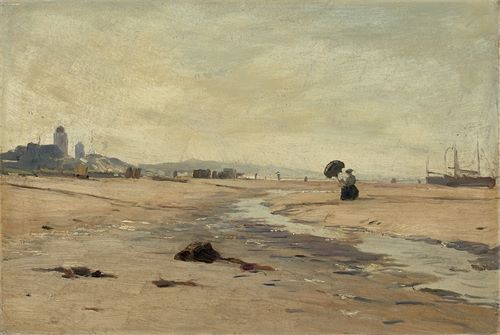 Eugen Dücker (Arensburg/Kuressaare 1841 – 1916 Düsseldorf) Junge Frau am Strand von Katwijk. Öl