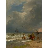 Andreas Achenbach (Kassel 1815 – 1910 Düsseldorf) Krabbenfischer am Strand. 1891 Öl auf Holz. 18 ×