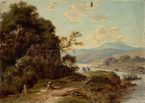 Albert Venus (1842 – Dresden – 1871) Elblandschaft. Öl auf Leinwand, auf Pappe aufgezogen. 15 × 21