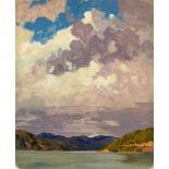 Rudolf Schuster (1848 – Markneukirchen – 1902) Wolken über einem Gebirgssee. Öl auf Karton. 39,5 ×