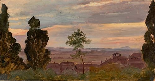 Adolf Henning (1809 – Berlin – 1900)„Abendhimmel, Campagna, von der Villa d´Este gesehen“. 1835Öl