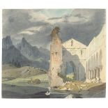 Deutsch, um 1830 () Kirchenruine im Gebirge unter Gewitterhimmel. Aquarell über Bleistift auf