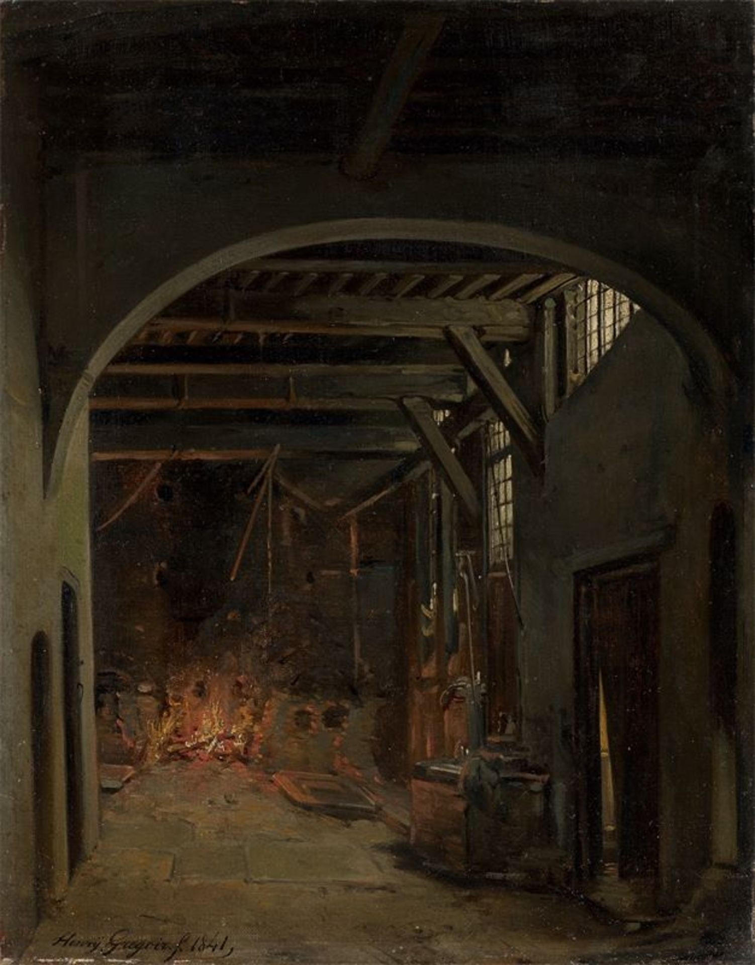 Henry Grégoir (Antwerpen 1818 – 1853 Lier) In der Schmiede. 1841 Öl auf Leinwand. 43,8 × 34,3 cm (