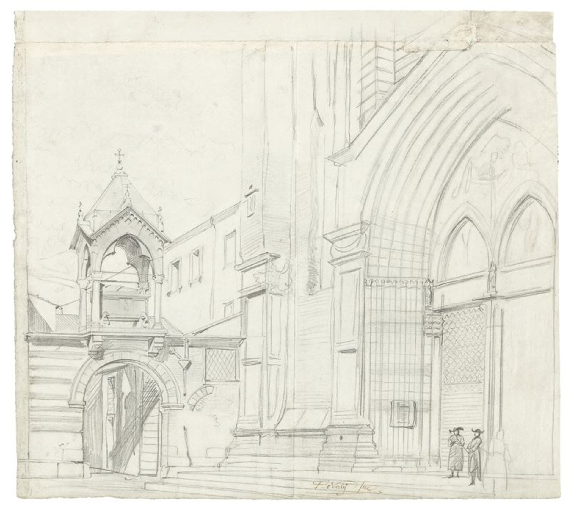 Friedrich Nerly (Erfurt 1807 – 1878 Venedig) Kirchenportal in Italien. Bleistift auf Bütten (