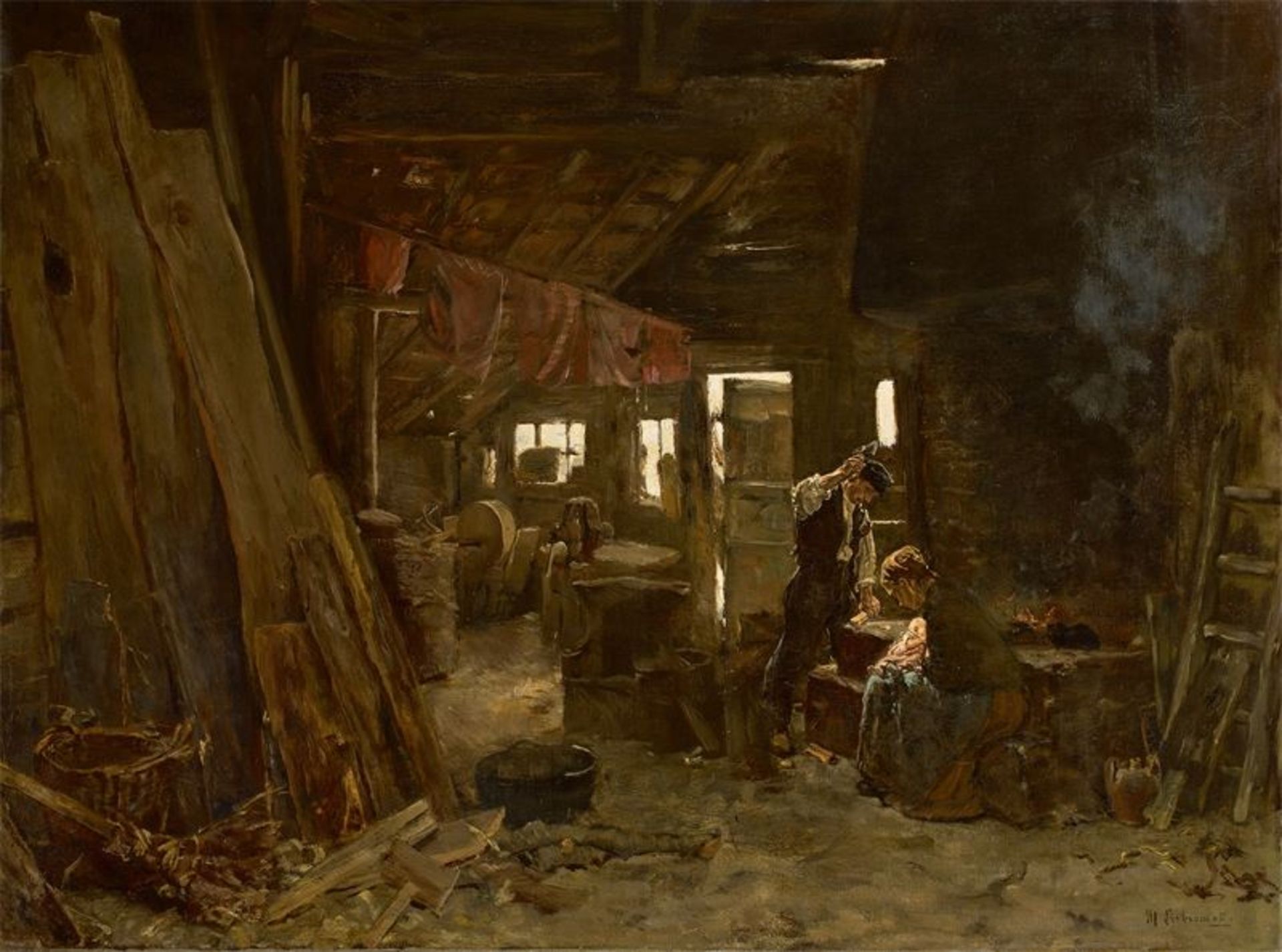 Max Liebermann (1847 – Berlin – 1935)„Zimmermannswerkstatt – Die Familie des Holzhackers“. 1875Öl
