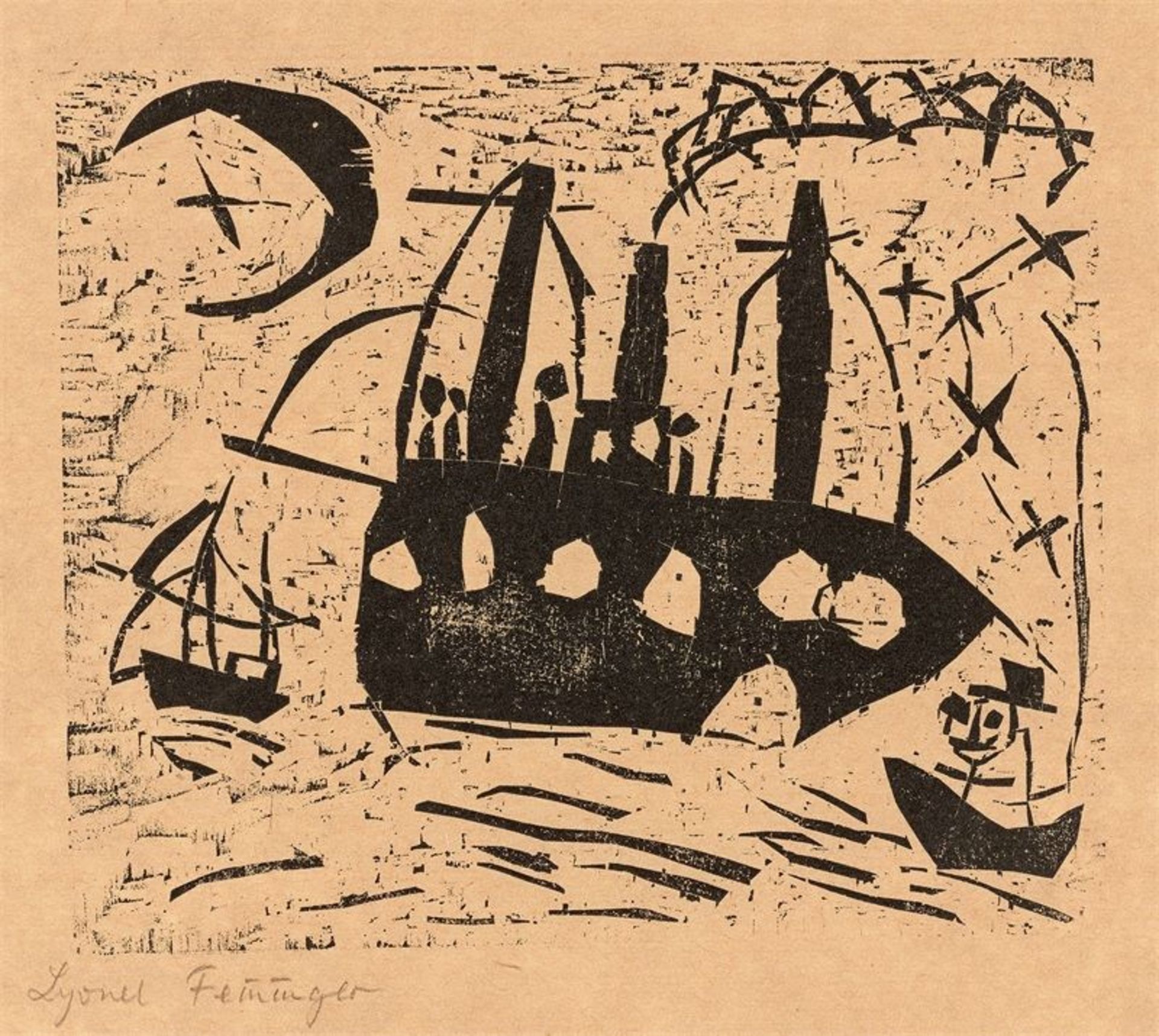 Lyonel Feininger (1871 – New York – 1956) „Fröhliche Schiffsreise“. 1919 Holzschnitt auf bräunlichem