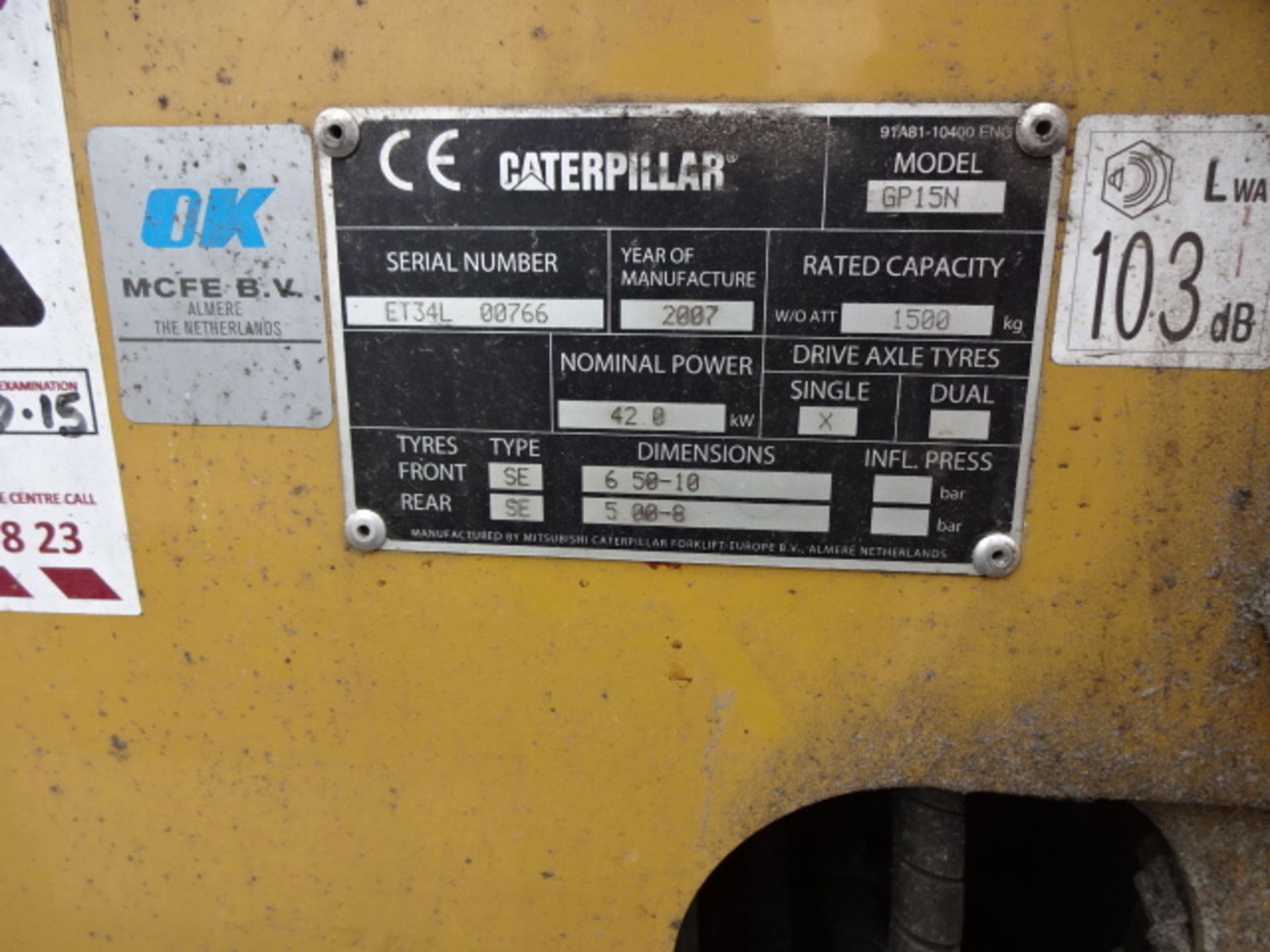 2007 CATERPILLAR GP15N 1.5t gas driven forklift truck S/n: ET34L00766 with duplex mast & side- - Image 3 of 10