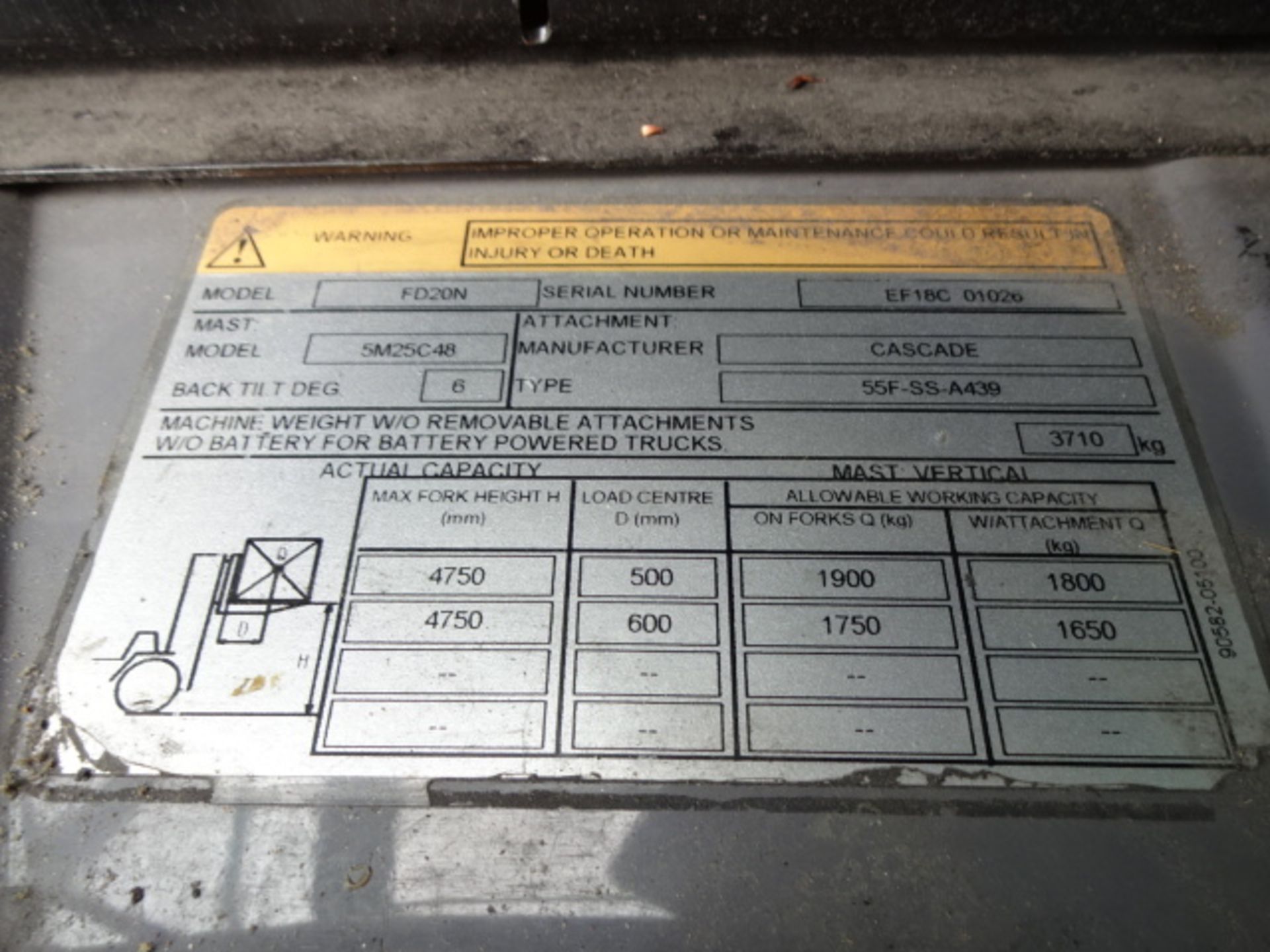 2010 MITSUBISHI FD20N 2t diesel driven forklift truck S/n: EF18C 01026 with triplex free-lift - Image 7 of 10