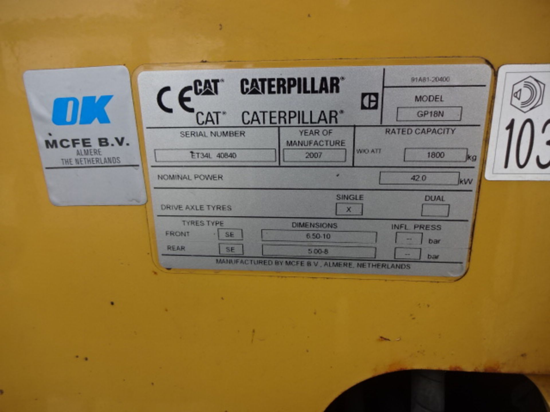 2007 CATERPILLAR GP18N 1.8t gas driven forklift truck S/n: ET34L 40840 with duplex mast & side-shift - Image 3 of 9