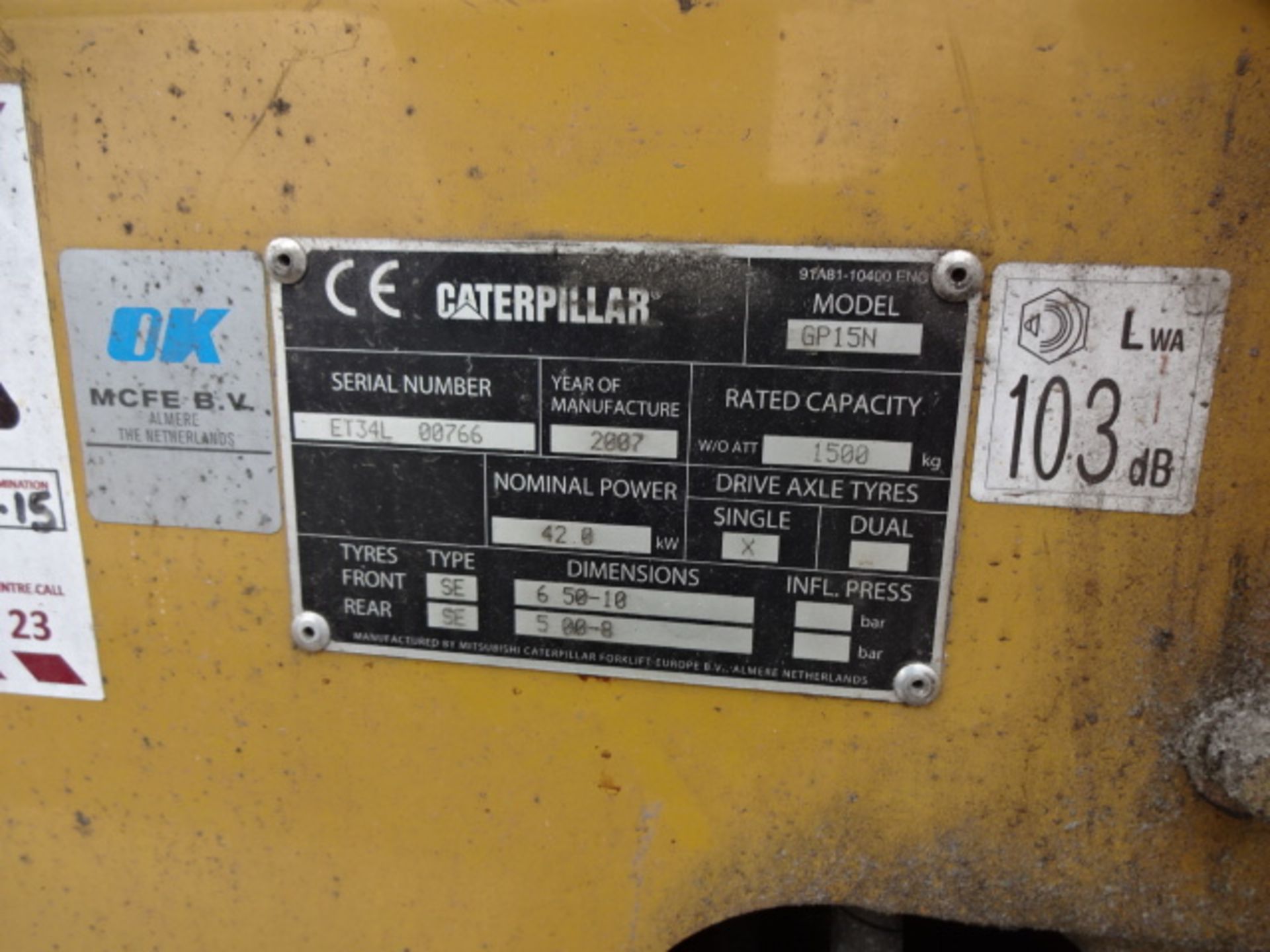 2007 CATERPILLAR GP15N 1.5t gas driven forklift truck S/n: ET34L00766 with duplex mast & side- - Image 9 of 10