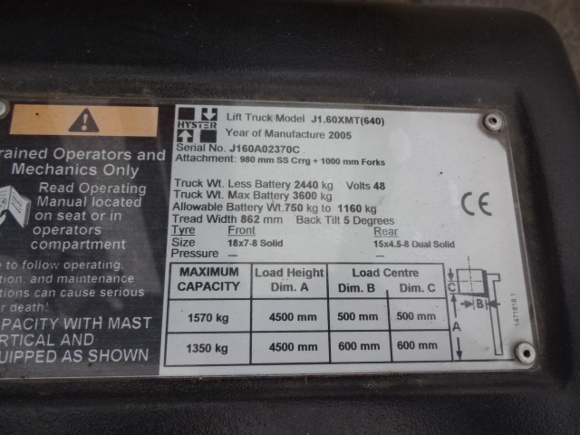 2005 HYSTER J1.60XMT 1.6t battery driven forklift truck S/n: J160A012370C with triplex free-lift - Image 5 of 8