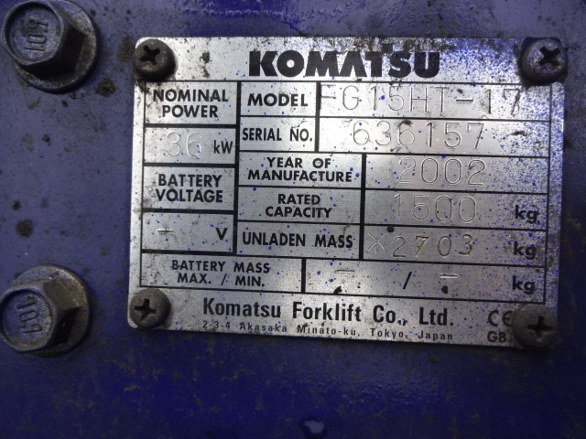 2002 KOMATSU FG15HT-17 1.5t gas driven forklift truck S/n: 636157 with duplex mast & side-shift ( - Image 5 of 9