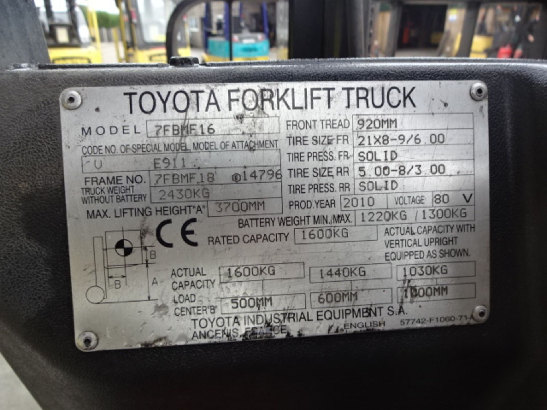 2010 TOYOTA 7FBMF16 1.6t battery driven forklift truck S/n: E14796 with duplex mast & side-shift ( - Image 4 of 7