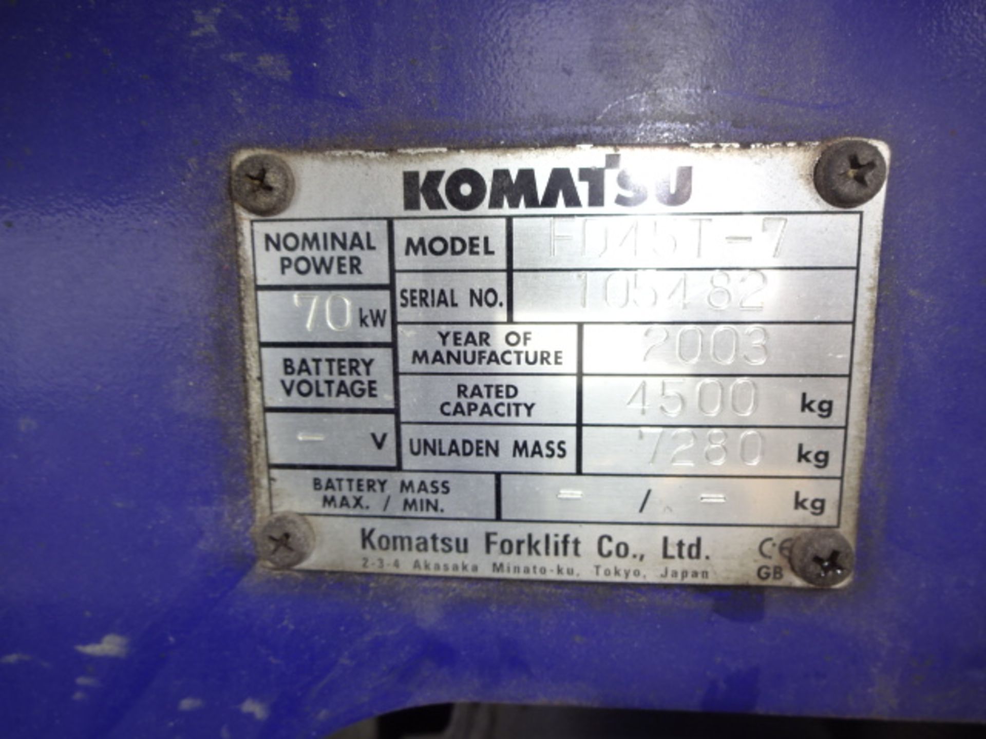 2003 KOMATSU FD45T-7 4.5t diesel driven forklift truck S/n: 105482 with duplex mast (RDL) - Image 7 of 9