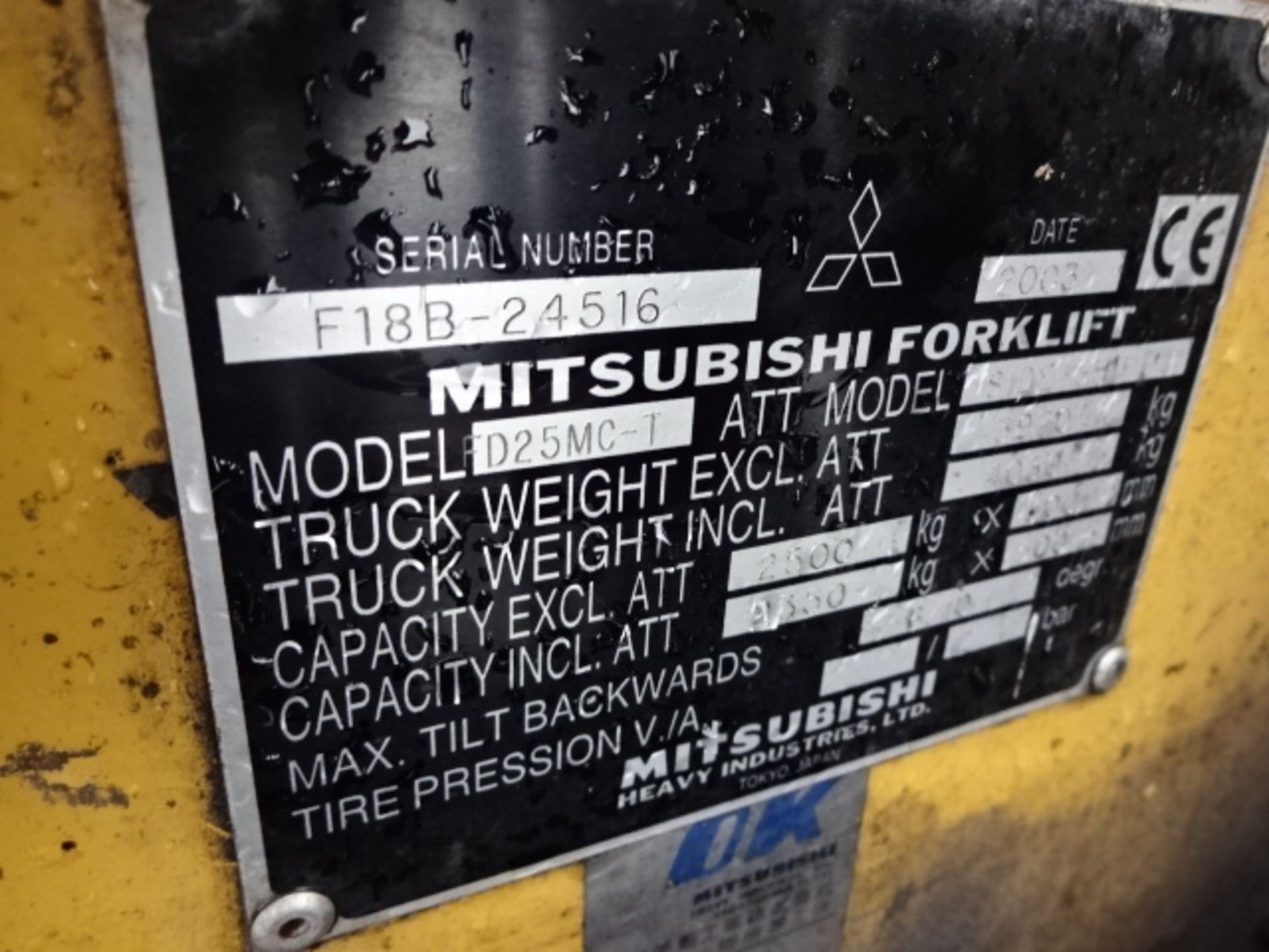 2003 MITSUBISHI D25MC-1 2.5t diesel driven forklift truck S/n: F18B-24516 with triplex free-lift - Image 3 of 8