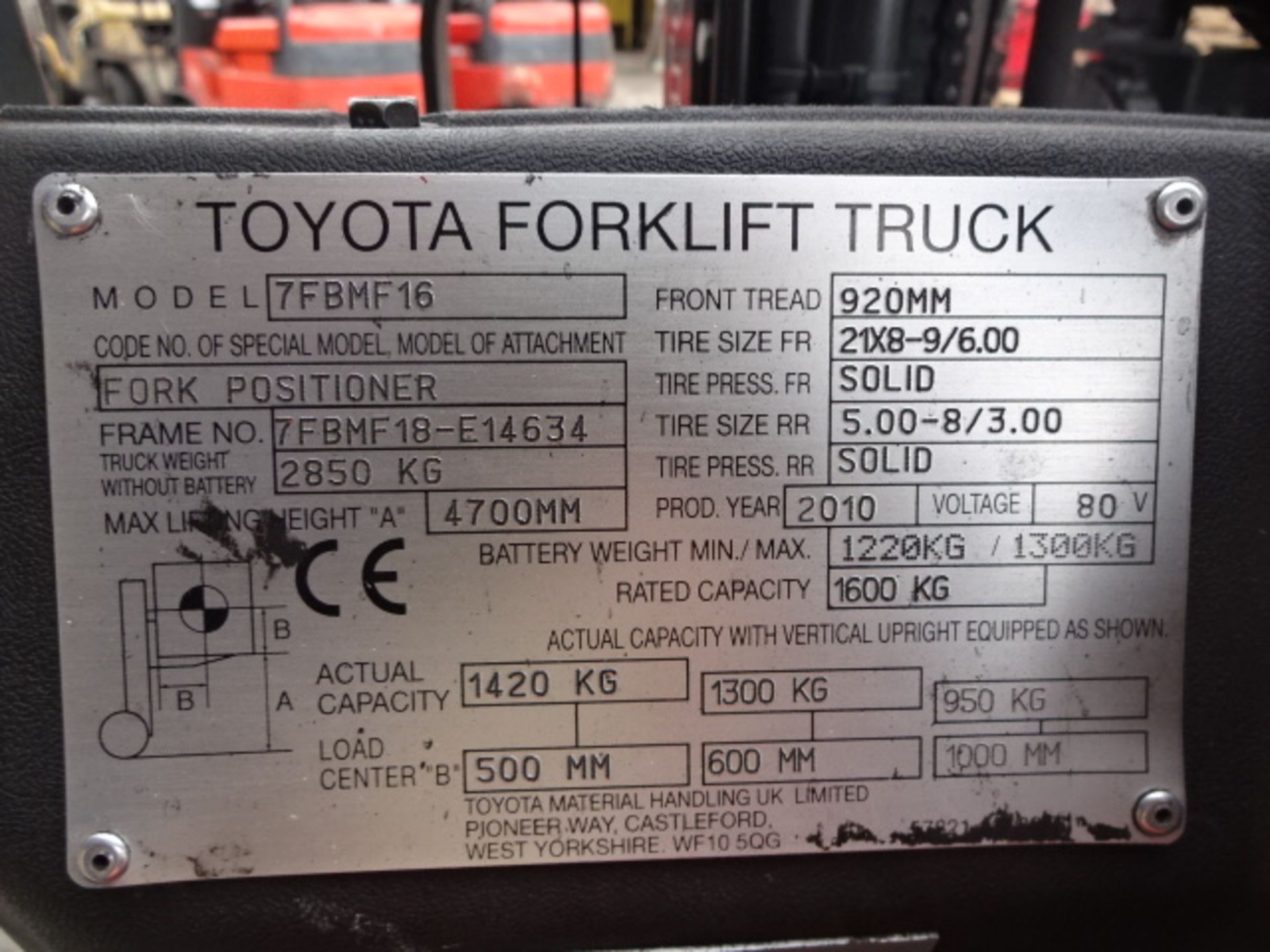 2010 TOYOTA 7-FBMF16 1.6t battery driven forklift truck S/n: E14634 with triplex free-lift, side- - Image 5 of 7