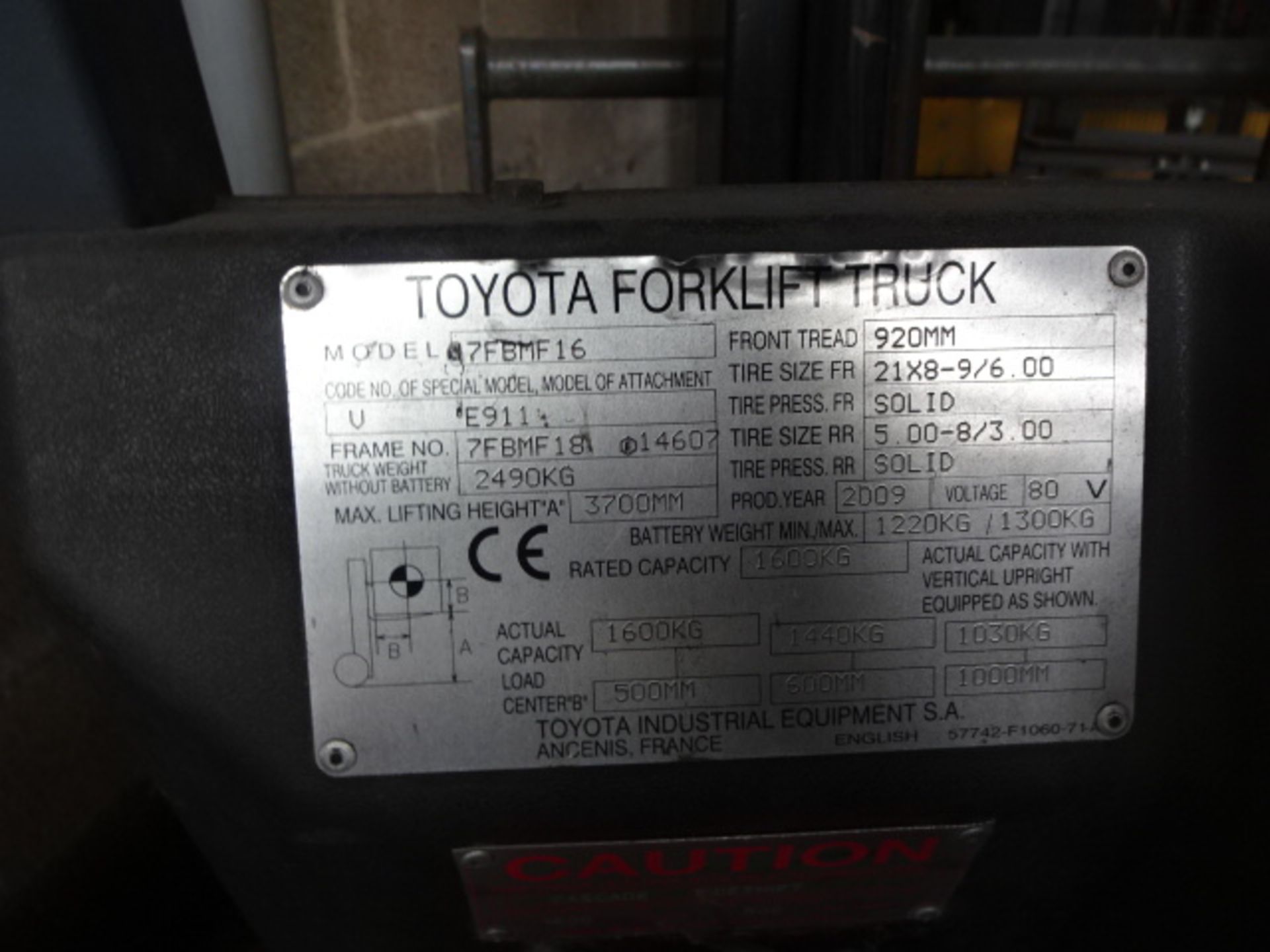 2009 TOYOTA 7FBMF16 1.6t battery driven forklift truck S/n: E14607 with duplex mast & side-shift ( - Image 7 of 7