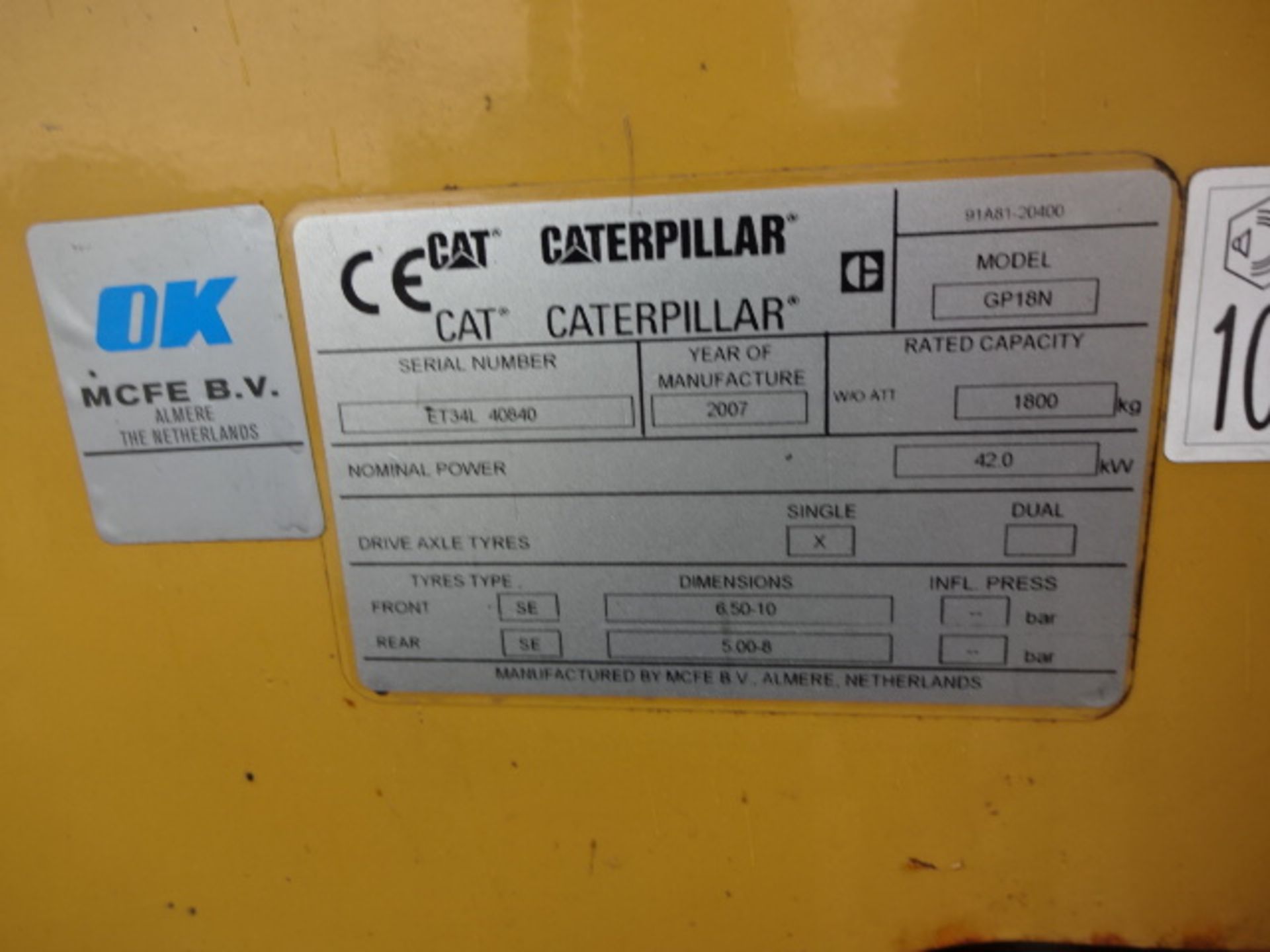 2007 CATERPILLAR GP18N 1.8t gas driven forklift truck S/n: ET34L40840 with duplex mast & side- - Image 5 of 10