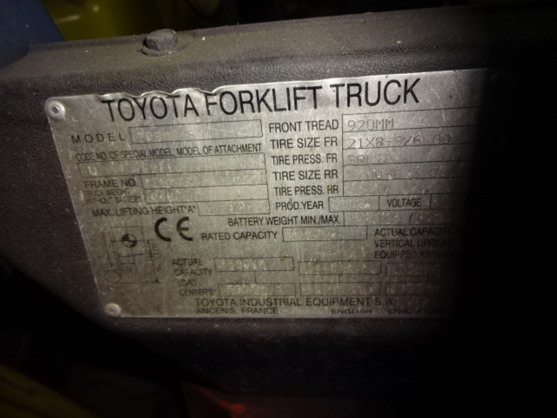 2010 TOYOTA 7FBMF16 1.6t battery driven forklift truck S/n: E14720 with duplex mast & side-shift ( - Image 7 of 7