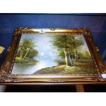 Oil on board of woodland lake scene