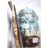 TRIBAL MASK AND HANDSPEAR.