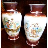 MILK GLASS VASES. Pair of hand painted c