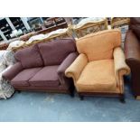 Edwardian 2 seater upholstered sofa and matching armchairs with inlaid wood finish