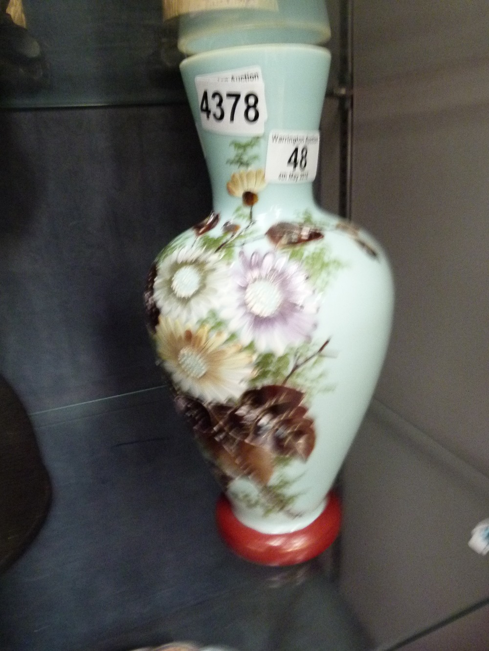 Opaque glass vase hand painted with floral decoration,