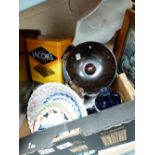 Box of mixed ceramics and printed pictures
