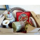 Box of mixed items including silver plated tray pottery and ceramics