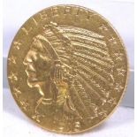 FIVE DOLLAR GOLD COIN. 1915 United States five dollar Indian Head gold coin with Indian Head, 8.