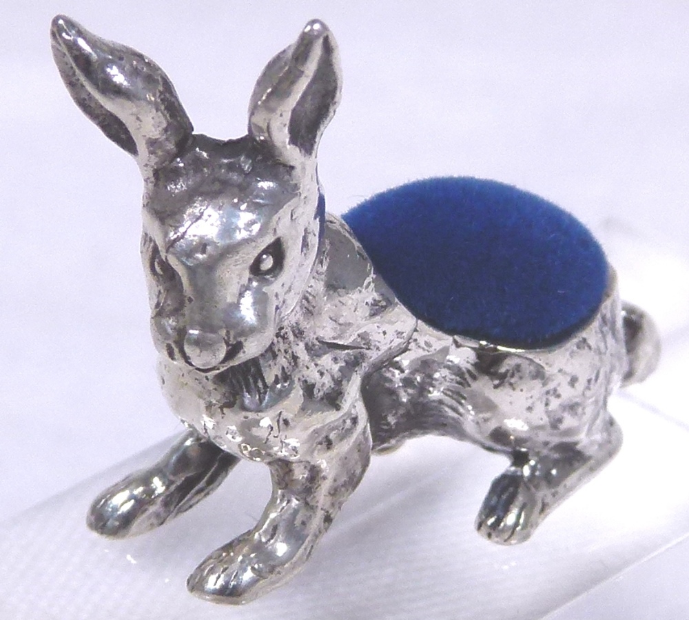 RABBIT PIN CUSHION. Stamped silver rabbi