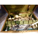 Wooden lift top cutlery box containing mixed silver plated cutlery