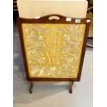 Victorian oak firescreen with hand embroidered design