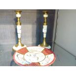Pair of brass and mother of pearl candle sticks and a Woods plate