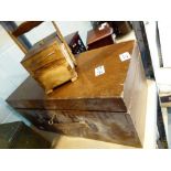 Large wooden box with lock and key and a small cantilever sewing box