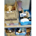 Five boxes of mixed household items and pictures including pink lamp