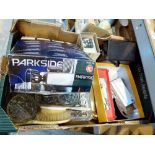 Box of mixed items including paint sprayer, dressing table set,