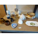 Shelf of mixed ceramics including Portmeirion and Devonware