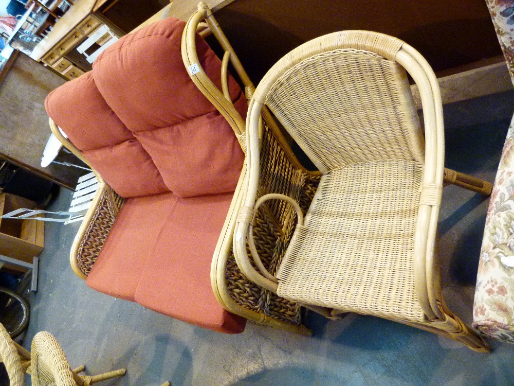 Cane conservatory settee and a wicker chair