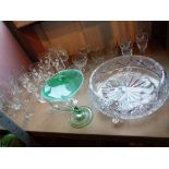 Shelf of mixed crystal including drinking glasses and bowl plus an unusual bon bon dish