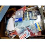 Box of mixed DIY items including locks, screws,